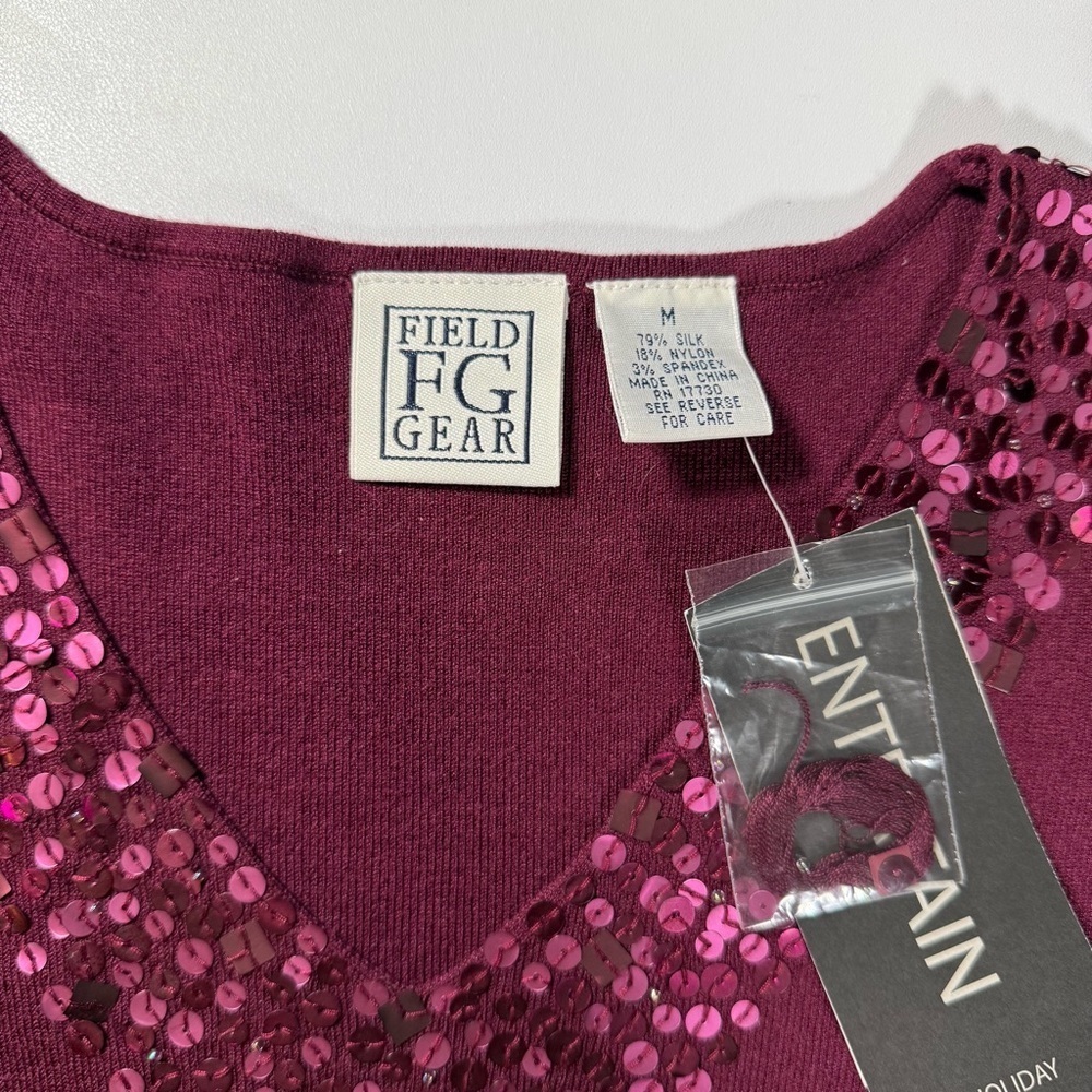 NWT Field Gear Women’s Bristol Ruby Red V-Neck Pullover Beaded Silk Sweater M - Picture 4 of 5